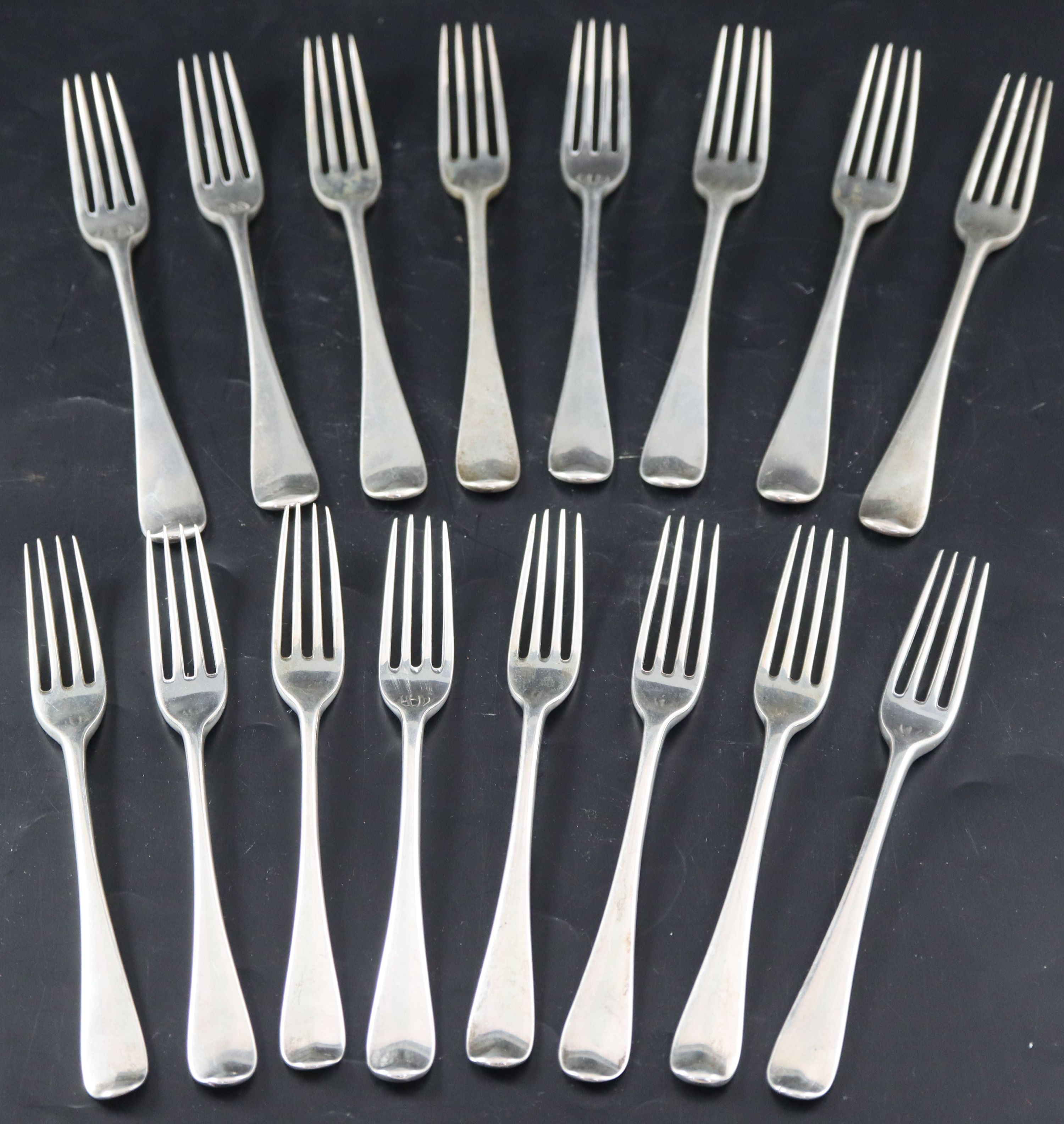 Eight Victorian silver Old English pattern table forks and eight matching entree forks